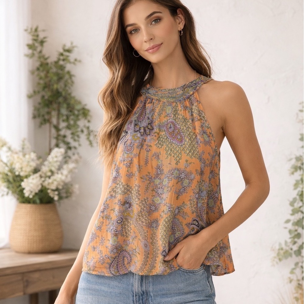 Ramy Brook Orange Paisley Floral Silk Blend V-Neck‎ Tie Back Halter Blouse Large